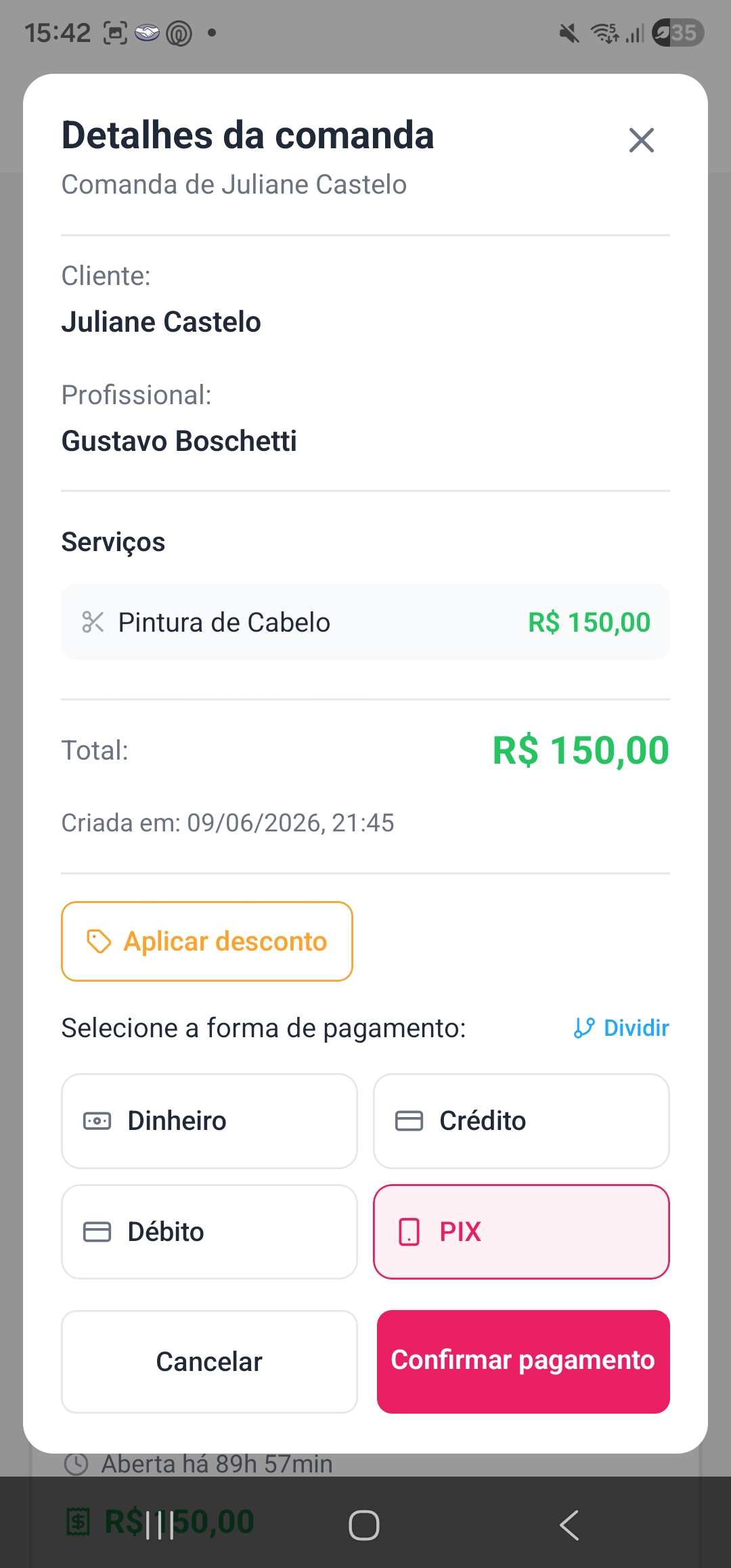 Comanda com serviços e formas de pagamento