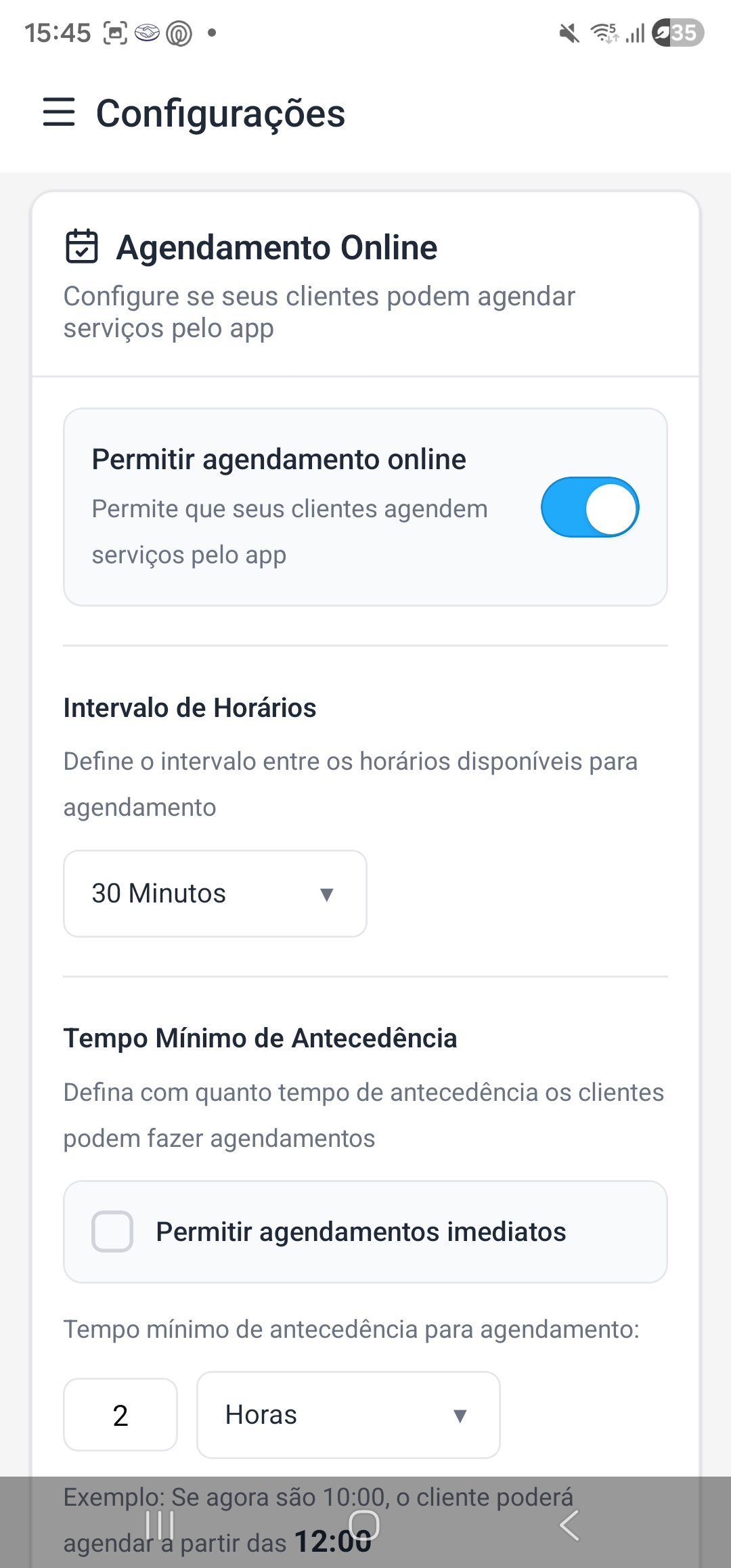 Configurações de agendamento online para clientes