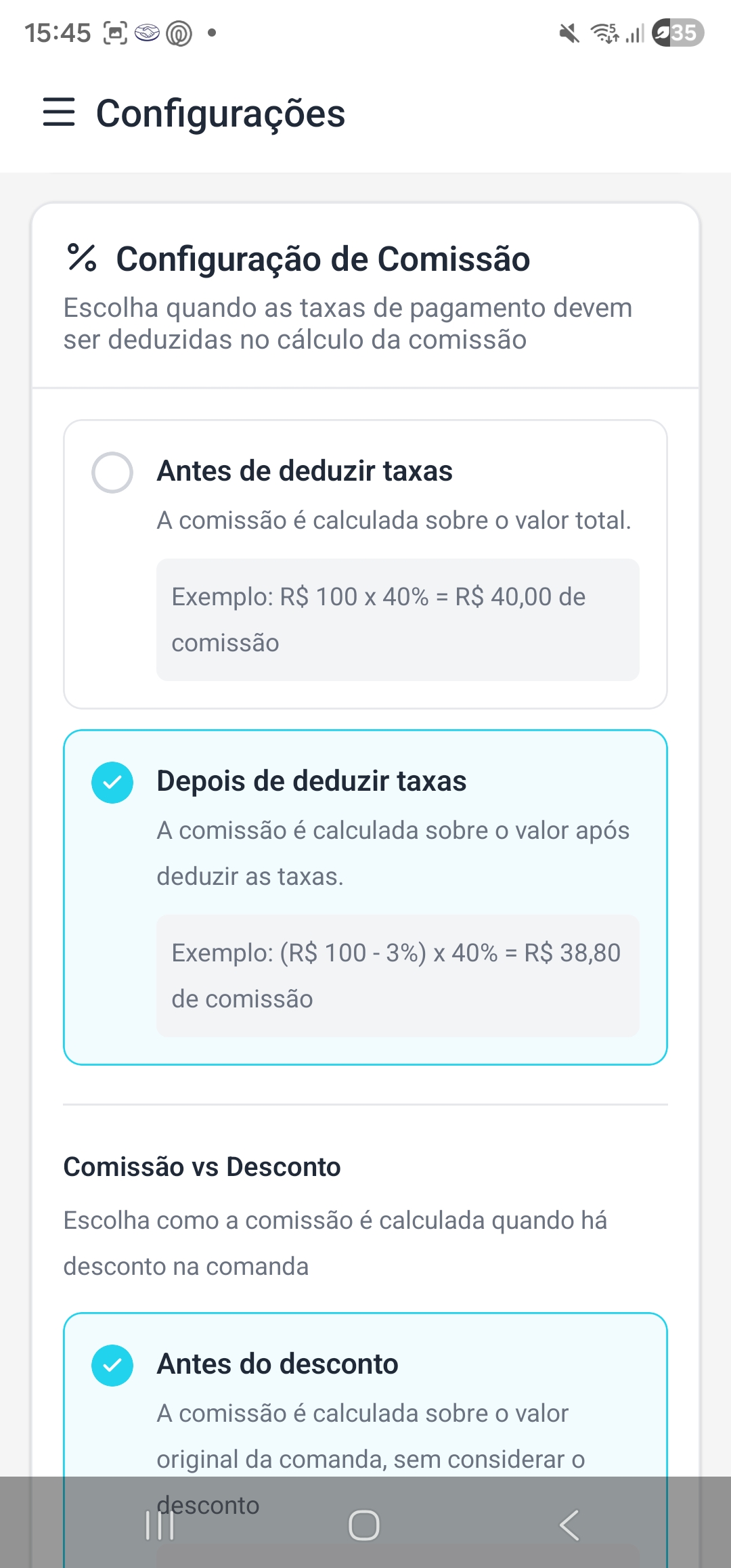 Configurações de comissões para profissionais