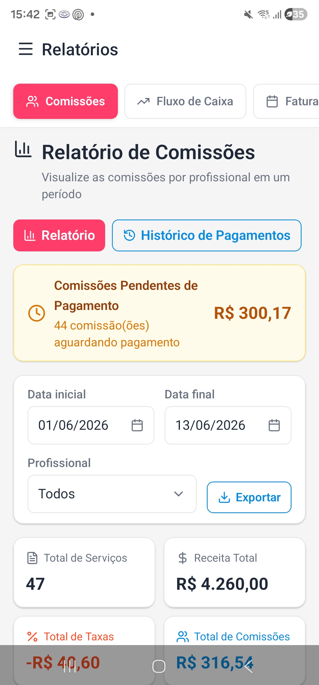 Relatório de comissões por profissional