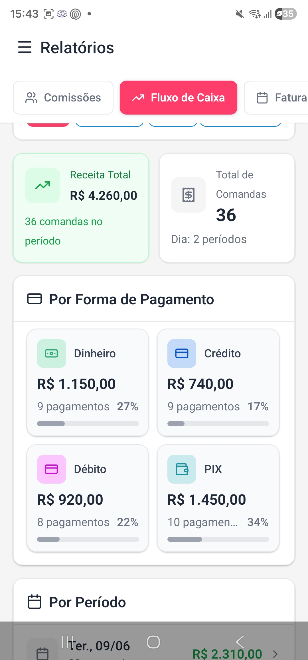 Relatório de fluxo de caixa do salão