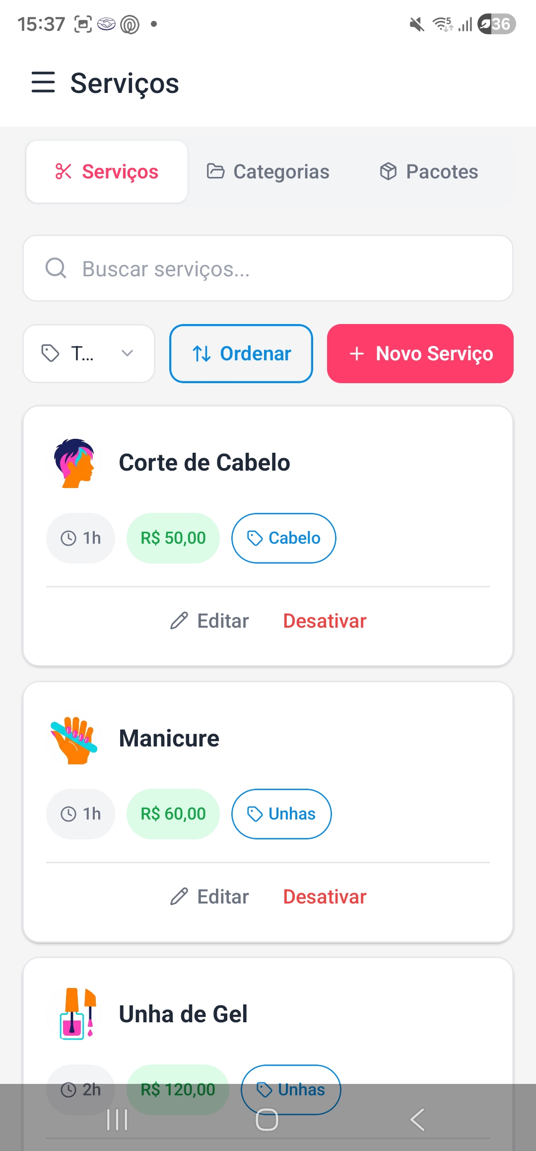 Tela de serviços do Beleza Marcada
